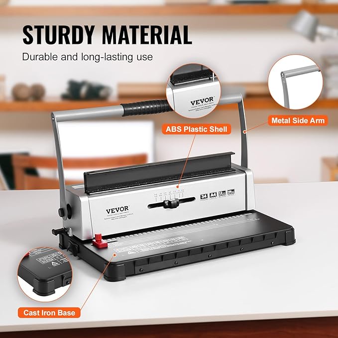 VEVOR Coil Binding Machine, Manual Book Maker 34-Holes Binding 120 Sheets, Punch Binder with Adjustable Side Margin, for Letter Size, A4, A5
