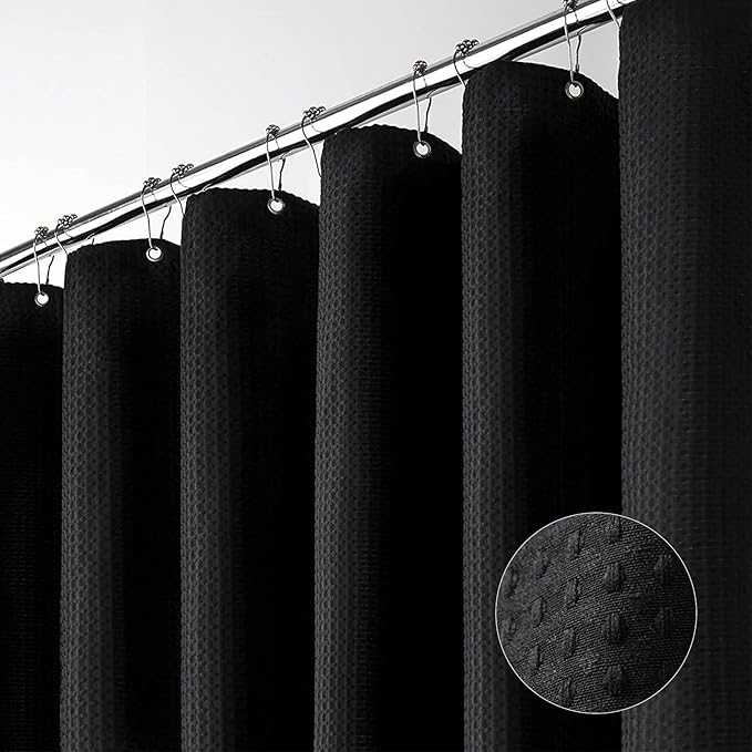 Dynamene Stall Black Fabric Shower Curtain - Waffle Textured Small Heavy Duty Cloth Shower Curtains for Bathroom, 256GSM Narrow Hotel Spa Luxury Bath Curtain Set with 6 Plastic Hooks(36Wx72H, Black)
