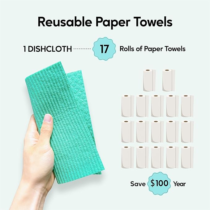 Swedish Dishcloths for Kitchen, 5 Pack Swedish Dish Cloths, Ultra Absorbent Reusable Paper Towels, Cellulose Sponge Cloths, Quick Drying, No Odor, Dishwasher Safe Green