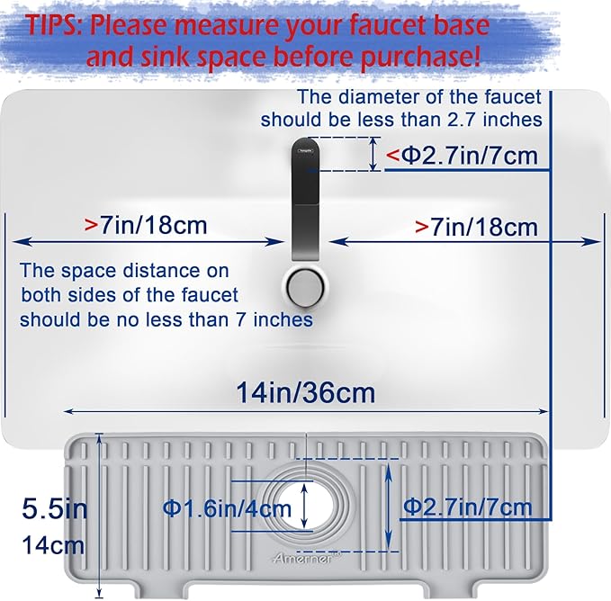 Kitchen Sink Splash Guard, Silicone Faucet Guard & Draining Mat, 10° Large Slope Sink Faucet Mat Splash Guard, Bathroom Sink Organizer, Kitchen Sink Accessories Gadgets, 14.2” x 5.1”, Gray