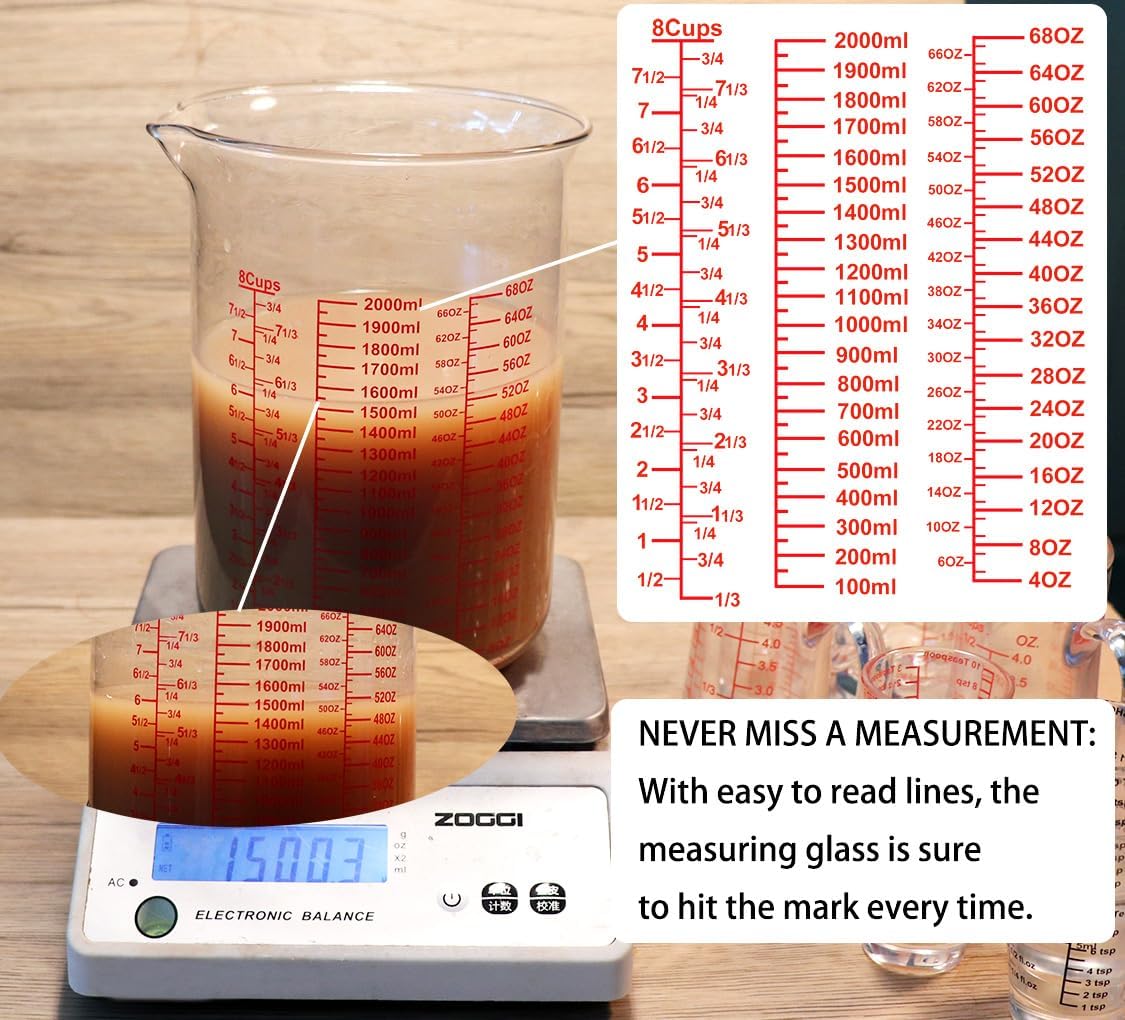 3 Piece Glass Measuring Cup Set, Includes 2-Cup, 4-Cup, and 8-Cup High Borosilicate Glasss Liquid Measuring Cups, Dishwasher, Freezer, Microwave, and Preheated Oven Safe, Essential Kitchen Tools