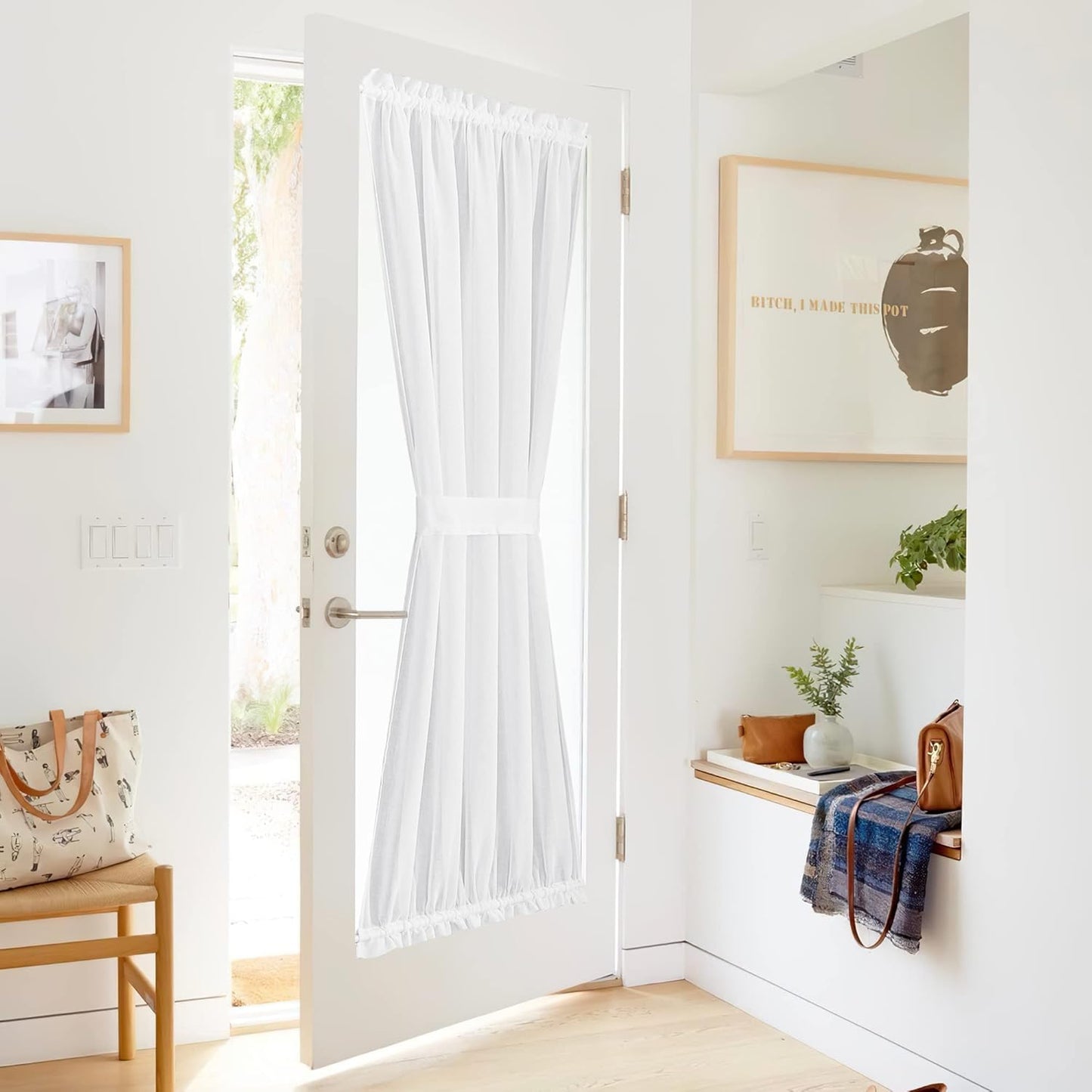 NICETOWN Faux Linen French Door Curtain 72 Inch Length Farmhouse Window Curtains Country Rustic Door Curtain Panel with Tieback, Rod Pocket Light Filtering Shade, 1 PC, White, 52" Width