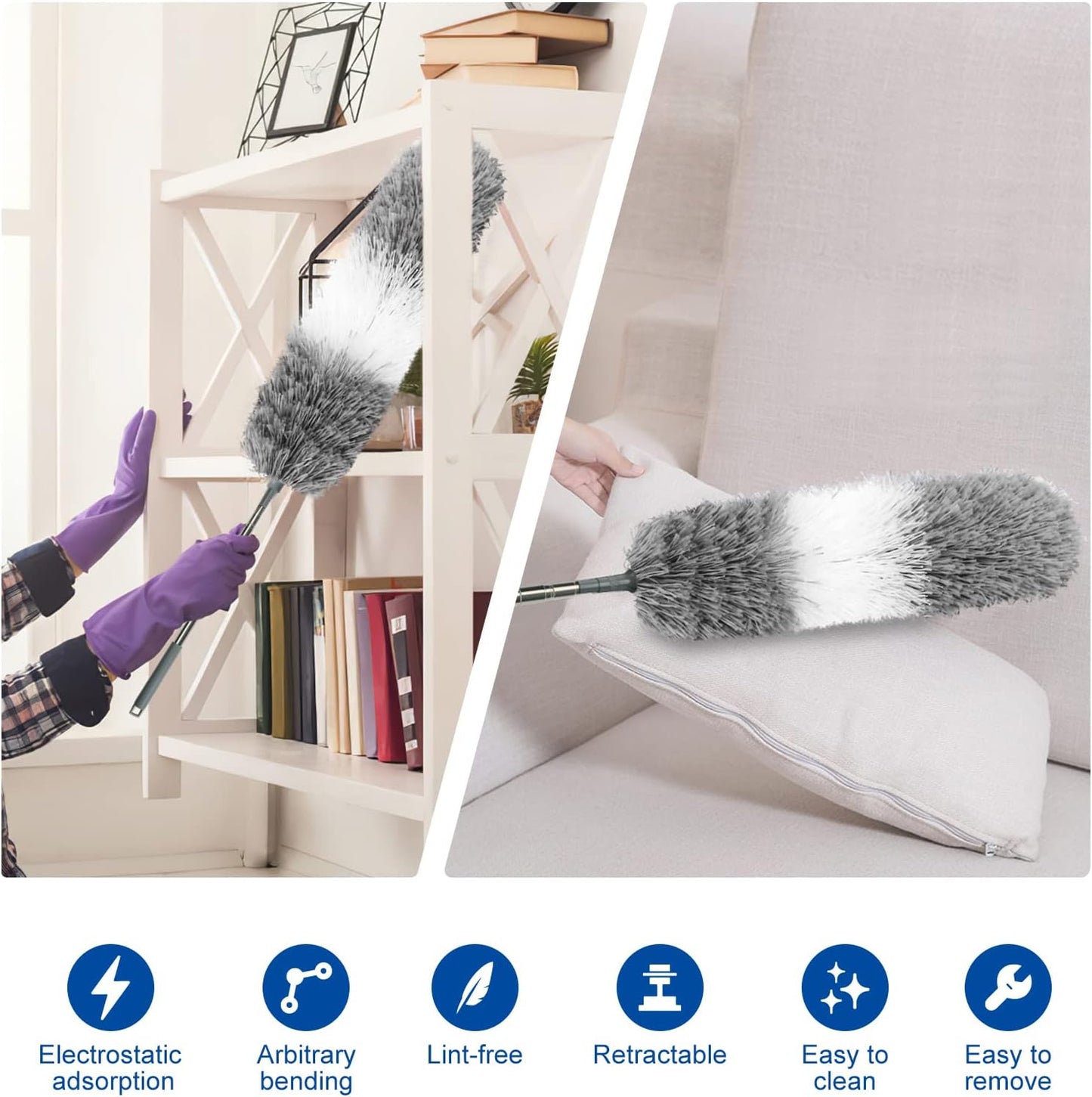 Microfiber Feather Dusters for Cleaning, Extendable Duster with 110" Extension Pole & 2pcs Replaceable Bendable Head, Cleaner Supplies Duster Tool for Ceiling Fan Furniture Cars Home Kitchen Gadgets