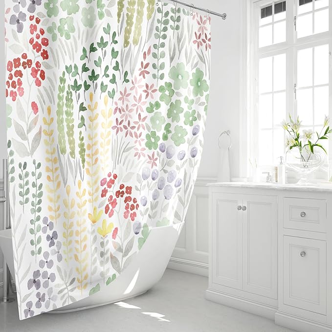 Extra Long Shower Curtain 72 x 96 Inch, Floor to Ceiling X-Long Tall Cute Floral Shower Curtain for Bathroom, Sage Green Wildflower Boho Cottagecore Fabric Shower Curtain Set with Hooks