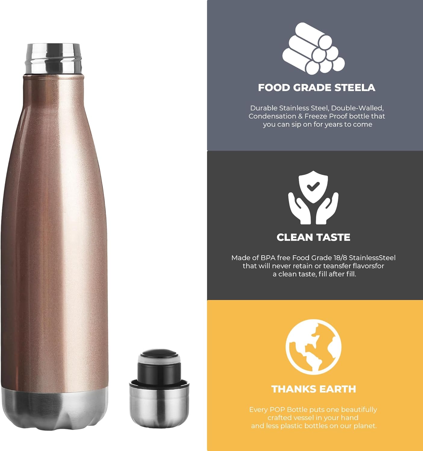 MEWAY 17oz Sport Water Bottle 12 Pack Vacuum Insulated Stainless Steel Leak-Proof Double Wall Cola Shape Water Bottle,Keep Drinks Hot & Cold (Rose Gold,12 Pack)