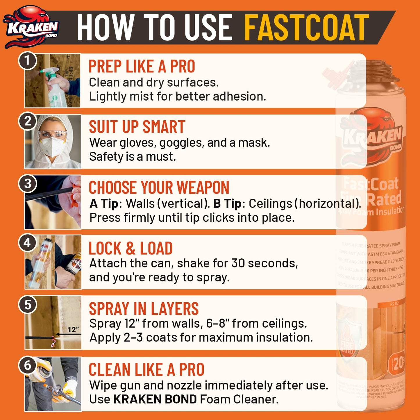 Kraken Bond Fastcoat Fire Rated Spray Foam Insulation Closed Cell in a Can 480 sq ft (24x27.1 oz.) (R-Value 11.32 / 2in) - Spray Foam for Garage Door, Attic, Wall Gun & Cleaner Not Included, 24 Pack