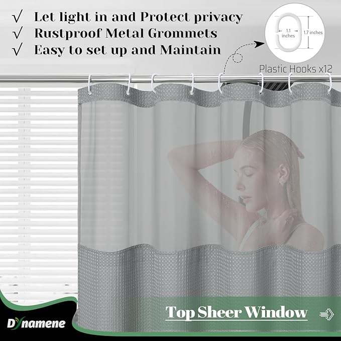 Dynamene 78 Inch Long Shower Curtain, Tall Waffle Fabric Shower Curtains for Bathroom, Hotel Waterproof Cloth Shower Curtain Liner Set with Hooks, Snap in Liner, Mesh Top Window, Dark Grey, 72x78