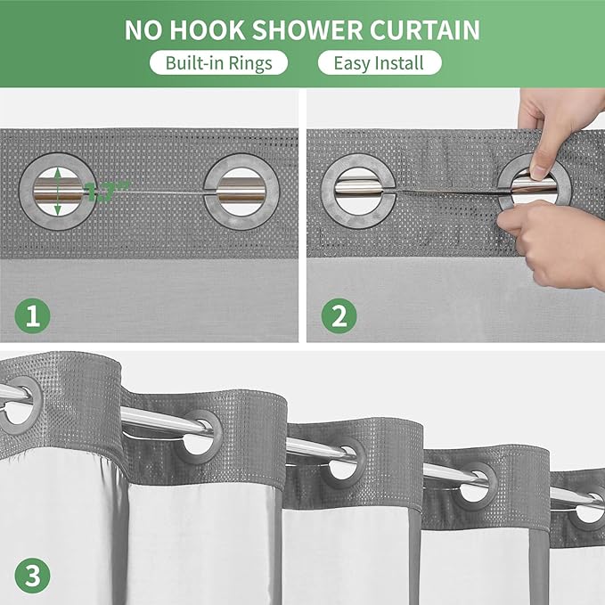 Stall No Hook Shower Curtain with Snap-in Fabric Liner Set,Waffle Weave Shower Curtains for Bathroom,Hotel Luxury Decor Bathroom Curtain Set,Waterproof & Washable,Grey,36Wx74H