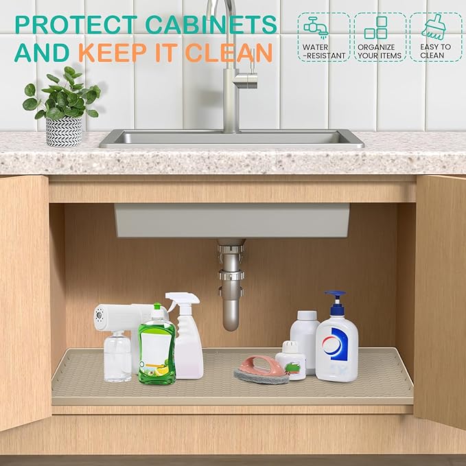 Waterproof Under Sink Mat 28" x 19", Silicone Cabinet Liner, Rubber Protector for Kitchen and Bathroom, Keeps Cabinets Clean, Dry, and Organized (Beige)