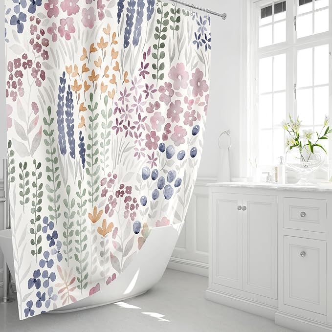 Small Stall Shower Curtain 36 x 72 Inch, Half Narrow Cute Floral Shower Curtain for Bathroom, Mauve Wildflower Boho Cottagecore Fabric Shower Curtain Set with Hooks