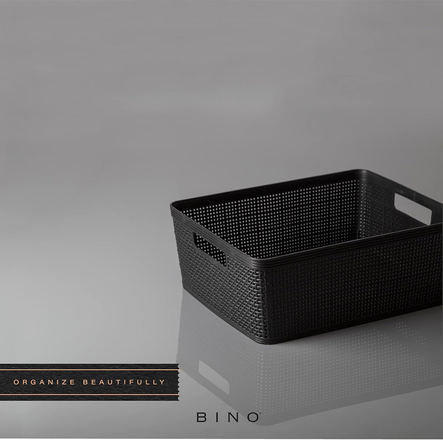 BINO | Woven Plastic Basket | Medium (Black), 4-Pack | THE JUTE COLLECTION | Home Organization, Space - Saving Storage, Stylish Design | Jute Basket | Plastic Storage Basket