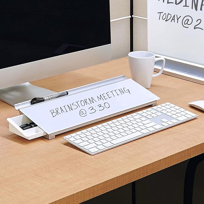 Quartet Glass Dry Erase White Board, Desktop Computer Pad for Notetaking, 18" x 6" Whiteboard, Clean Erase Surface with Storage, 1 Dry Erase Marker, White Surface (GDP186)