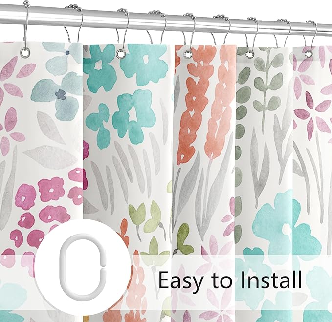 Extra Long Shower Curtain 72 x 84 Inch, Teal Blue Tall Cute Floral Shower Curtain for Bathroom, Turquoise Wildflower Boho Cottagecore Fabric Shower Curtain Set with Hooks