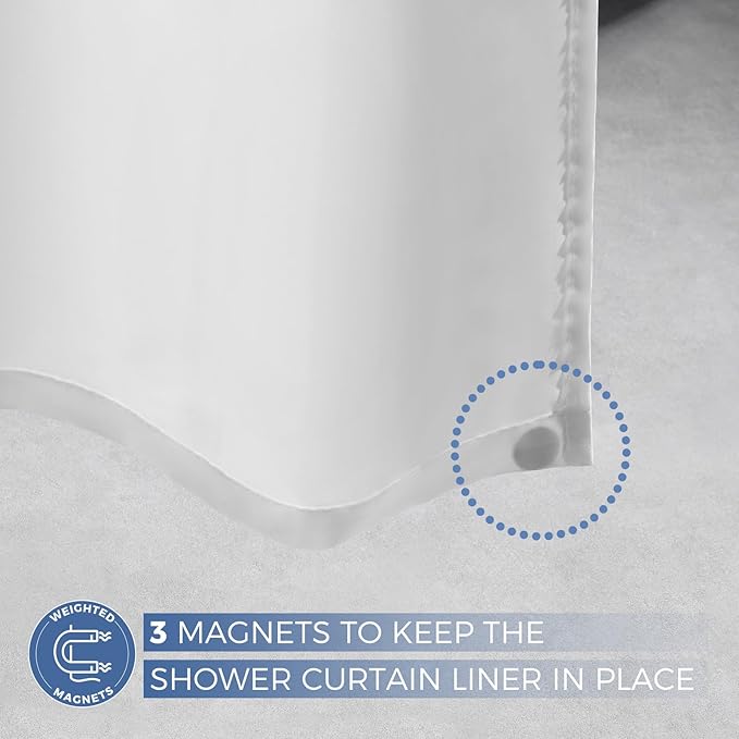 downluxe Waterproof Fabric Shower Curtain Liner, Soft Cloth Shower Liner with 3 Magnets, Machine Washable & Hotel Quality Bathroom Curtain, 72" W x 78" L, White