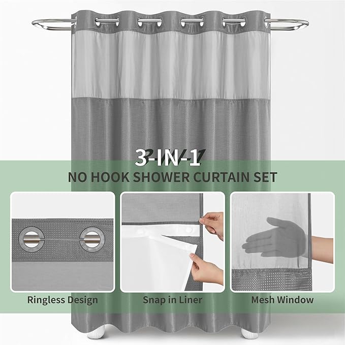 Stall No Hook Shower Curtain with Snap-in Fabric Liner Set,Waffle Weave Shower Curtains for Bathroom,Hotel Luxury Decor Bathroom Curtain Set,Waterproof & Washable,Grey,54Wx80H