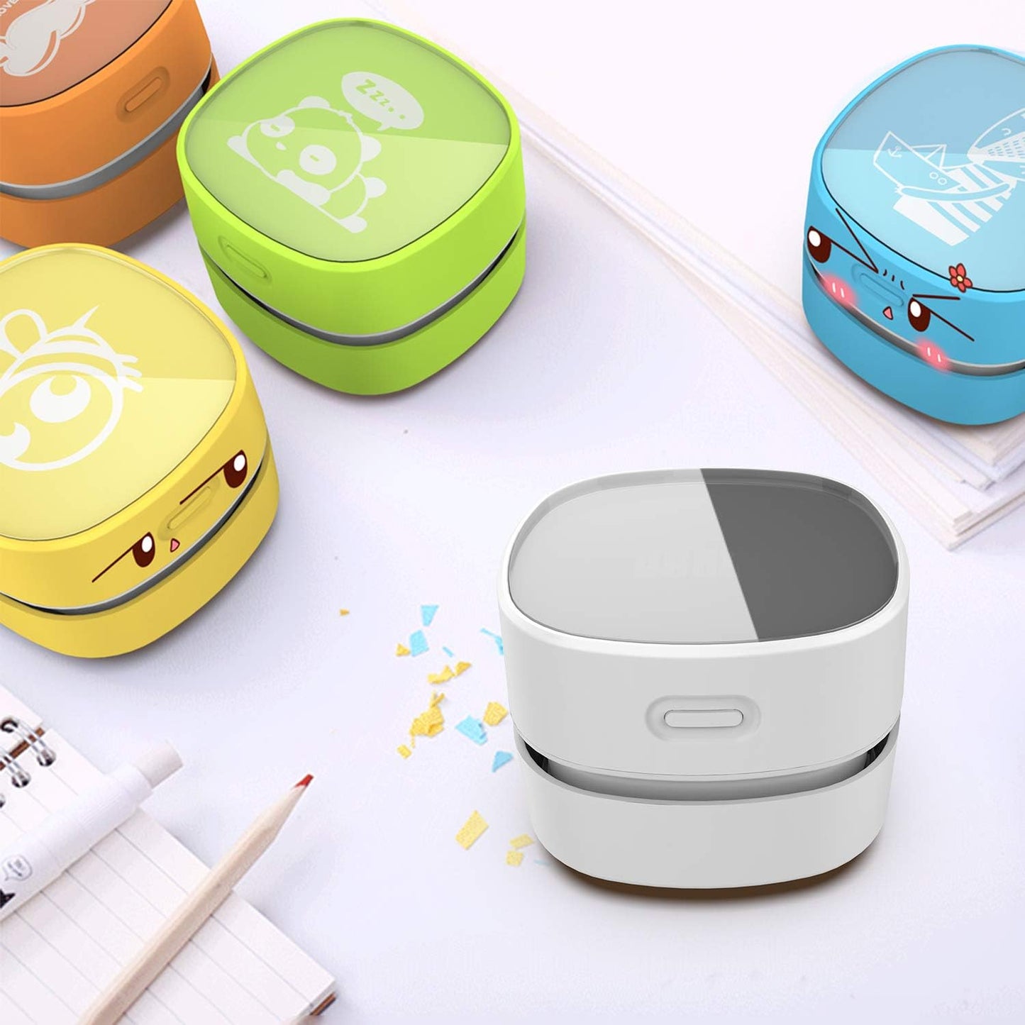 ODISTAR Desktop Vacuum Cleaner,Mini Table dust Sweeper Energy Saving with auto Power-Off Function,High Endurance up to 400 mins,Cordless&360º Rotatable for Keyboard/Home/Office (White USB Charging)