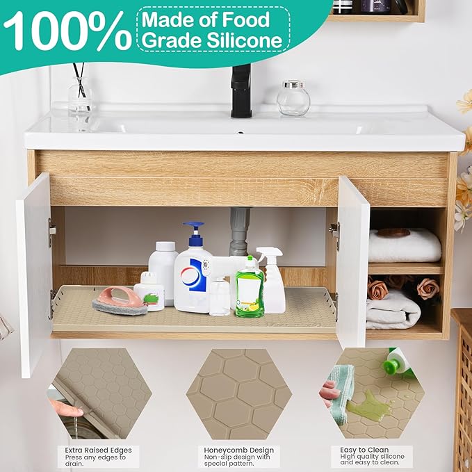Waterproof Under Sink Mat 22" x 19", Silicone Cabinet Liner, Rubber Protector for Kitchen and Bathroom, Keeps Cabinets Clean, Dry, and Organized (Light Grey)