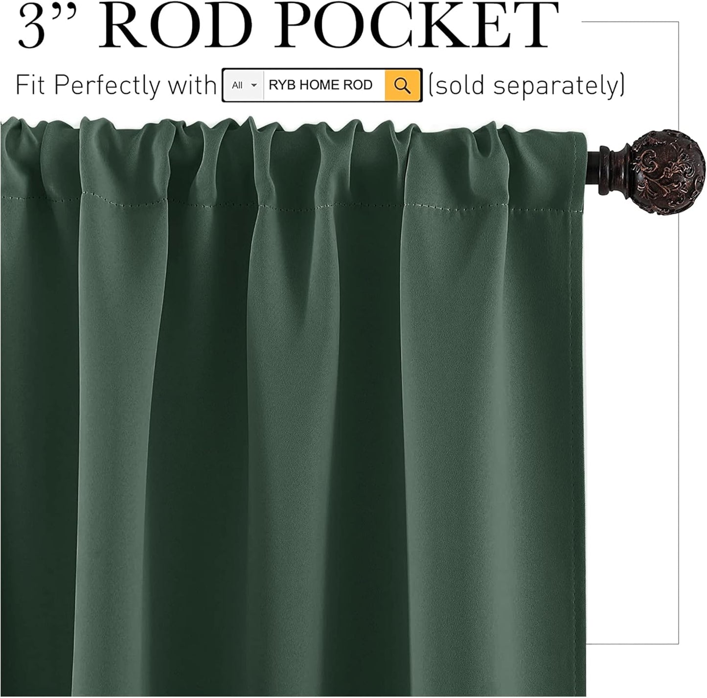 RYB HOME 54 inch Curtains for Living Room, Rod Pocket Thermal Insulated Small Window Drapes Room Darkening Shades for Bedroom Studio Closet, W 42 x L 54 inch, Set of 2 Panels, Dark Green