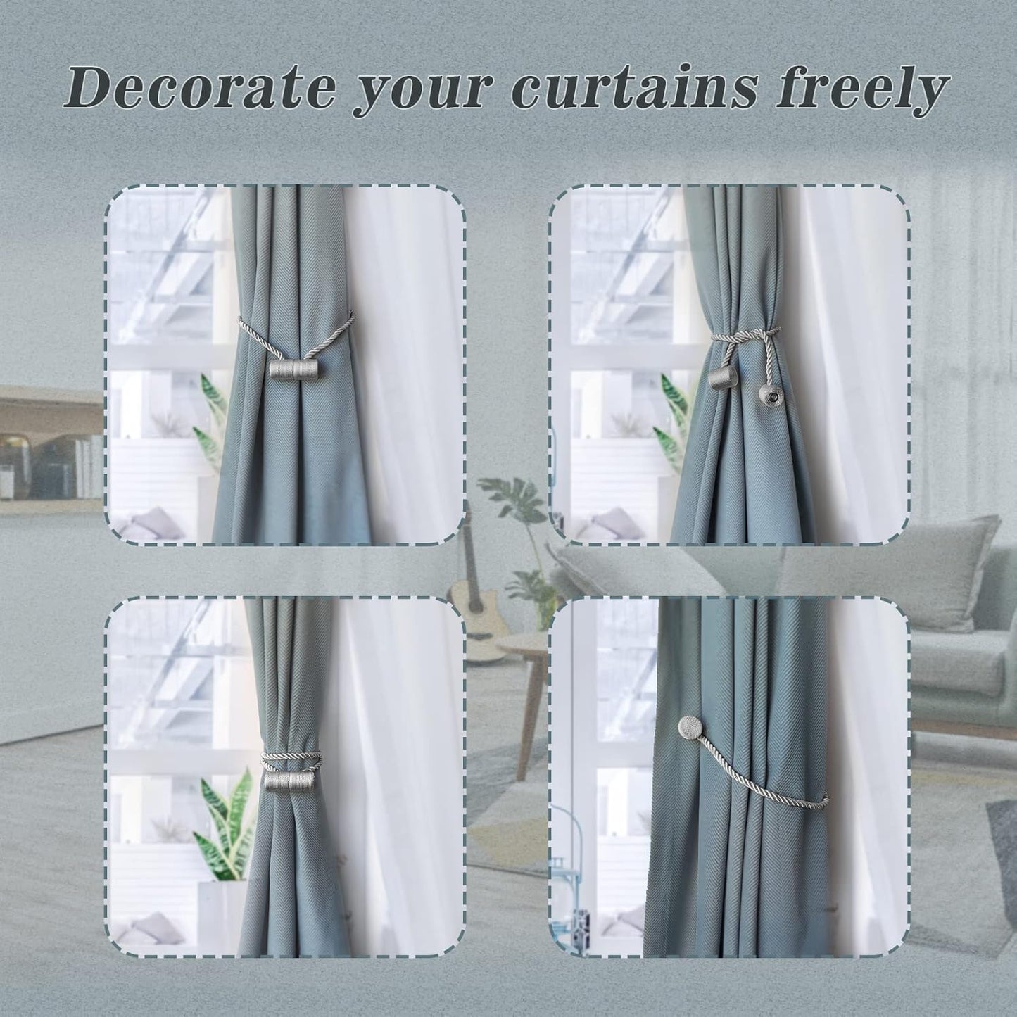 Hion Magnetic Curtain Tiebacks Gray Blue 2pcs, Curtain Tiebacks Buckles Holdbacks Holders Hooks Clip for Home Bedroom Office Decorative Curtain