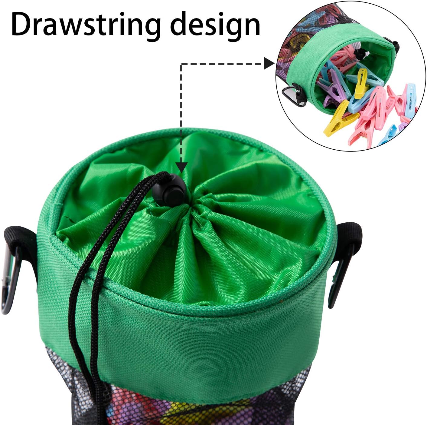 Mesh Clothespin Bag with Hooks Hanging Clothes Pin Bag with Drawstring Closure Clothespin Holder, Ventilation and Moisture Resistance, Storage Organizer, Machine Washable （Green）