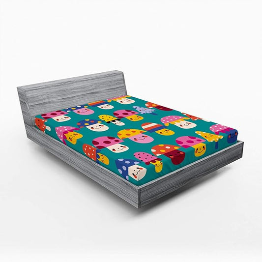 Ambesonne Mushroom Fitted Sheet, Smiling Funky and Shapes with Polka Dots and Stripes, Bed Cover with All-Round Elastic Deep Pocket for Comfort, Queen Size, Dark Seafoam Multicolor