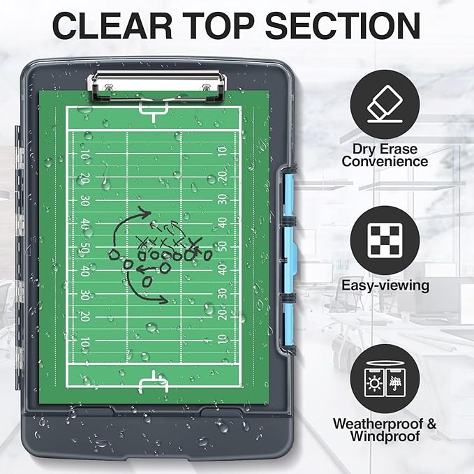 Sooez Original Clipboard with 2 Storage & Pen Holder, Heavy Duty Clip Boards 8.5x11 with Dual Storage, Clearview Dry Erase Coach Clipboard with Real Hinge, High Capacity, School & Office Supplies