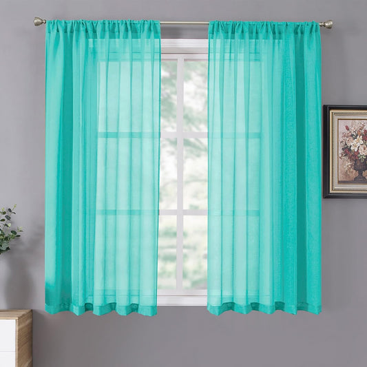 Tollpiz Short Sheer Curtain Living Room Linen Textured Curtains Sheer Light Filtering Voile Rod Pocket Curtain for Bedroom, 38 x 54 inches Long, Aqua Blue, Set of 2 Panels