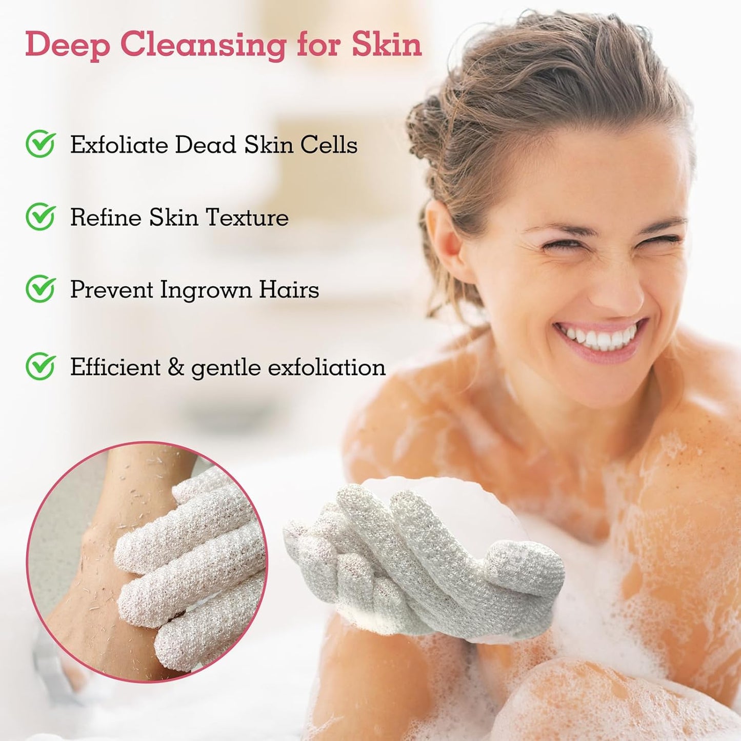 Evridwear Exfoliating Gloves for Shower, 100% Nylon Thick Soft Medium Heavy Bathing Gloves Dead Skin Remover Body Scrubber Smooth Skin with Hang Loop, 2 Pairs Light White