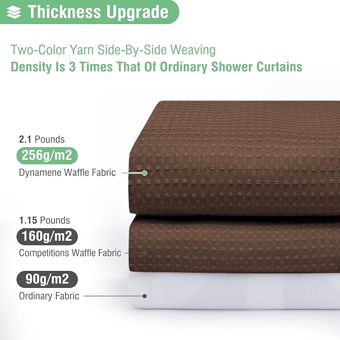 Dynamene Extra Long Fabric Shower Curtain - Waffle Weave 90 Inches Long Heavy Duty Cloth Shower Curtains for Bathroom, 256GSM Tall Hotel Luxury Bath Curtain Set with 12 Plastic Hooks, Brown