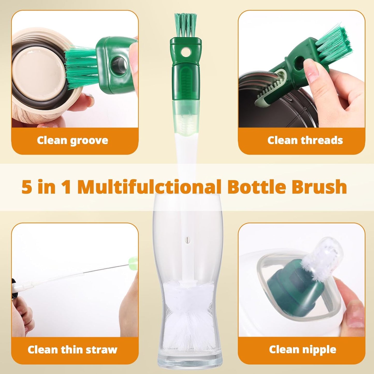 OUTXE 5 Pack Bottle Brush Set, 5-in-1 Multifunctional Water Bottle Cleaning Brush 2 Pack, with Nipple Brush, Detail Brush for Cup Lid Gap, 12" 10" 8" Straw Brush for Stanley Yeti