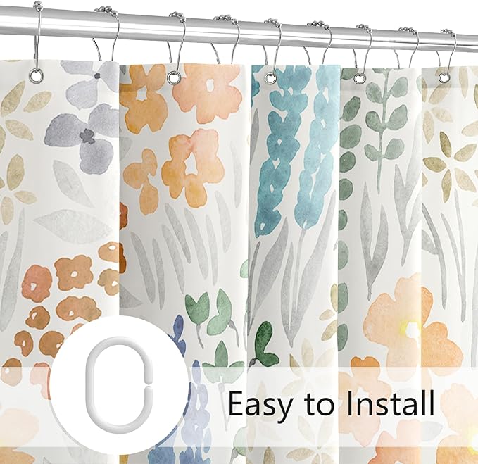 Long Shower Curtain 72 x 78 Inch, Tall Cute Floral Shower Curtain for Bathroom, Orange Wildflower Boho Cottagecore Fabric Shower Curtain Set with Hooks