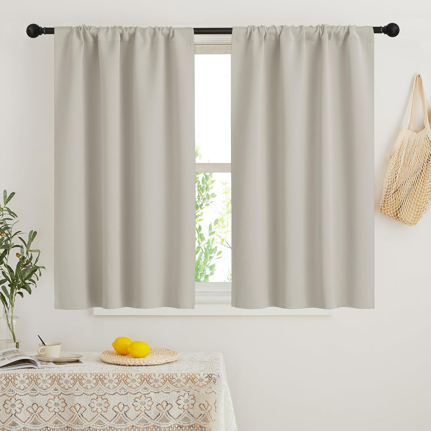 RYB HOME Blackout Short Cafe Curtains, Privacy Light Block Small Window Curtains for Bedroom Kitchen Basement Dining Classroom, W 34 x L 45 inches, Natural, 2 Panels