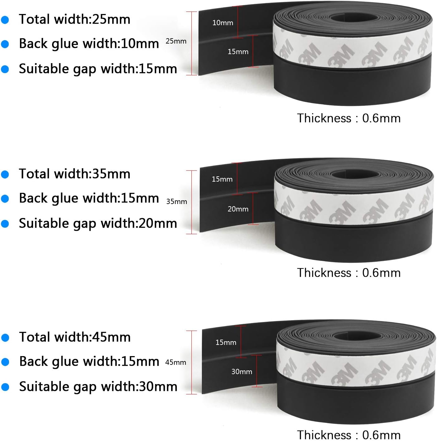 TAROSE Weather Stripping, 33 Feet Weather Stripping Door Seal Door Draft Stopper Shower Door Seal Strip Window Seal, Adhesive Silicone Tape (Black, 45MM)