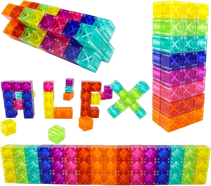 BrainSpark 48PCS Translucent Mulit-Color DigitBlocks Magnetic Building Blocks, Montessori Clear Magnet Cubes for Boys Girls Stacking Block Sets Ages 3-9