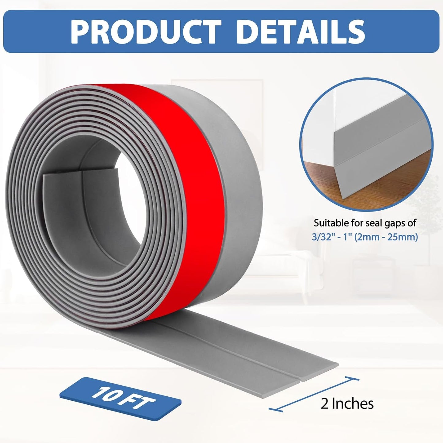 Weather Stripping Door Draft Stopper Flexible Self Adhesive Silicone Door Seal Strip for Glass Doors Windows and Shower Glass Gaps, 2 Inch Wide X 10 Feet Long, Gray