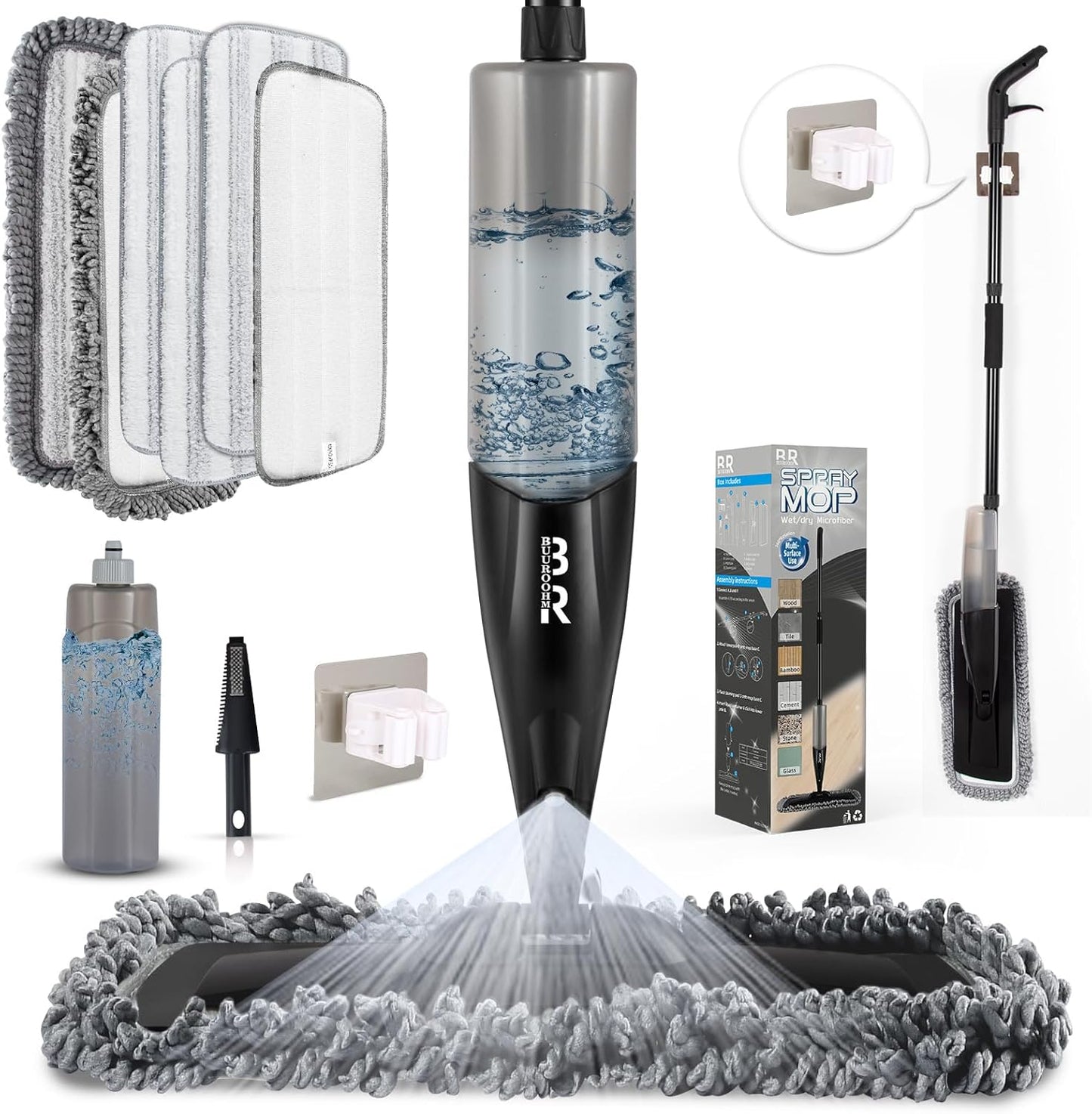 Microfiber Spray Mop for Floors Dry and Wet Mop with Dusting 360 Rotation for Kitchen, Hardwood, Laminate, Tile Floors Includes 6 Refill Heads, Scraper, Holder & Spray Bottle