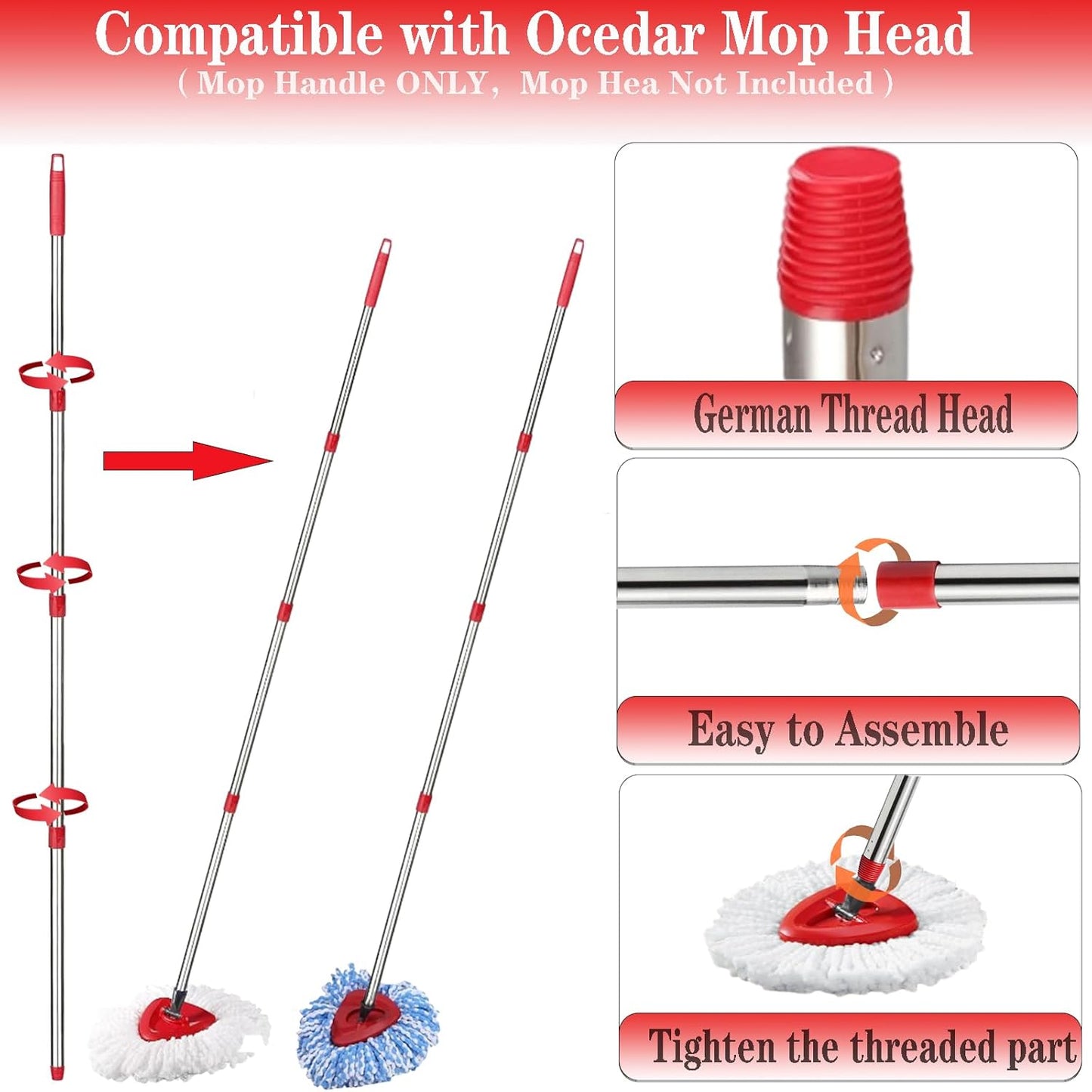Spin Mop Replacement Handle, 4-Section 30-to-58 inch Mop Replacement Stick Compatible with Ocedar Mop Handle for Easy Wring Mop Refills, Germany Screw Joint(Mop Head&Base not Include)
