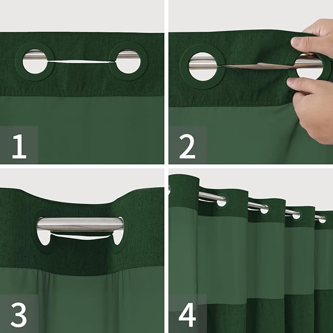 Extra Long No Hooks Needed Linen Textured Shower Curtain with Snap-in Fabric Liner Set,White Hotel Luxury Decor Shower Curtains for Bathroom,Waterproof & Washable,71Wx86H,Emerald Green