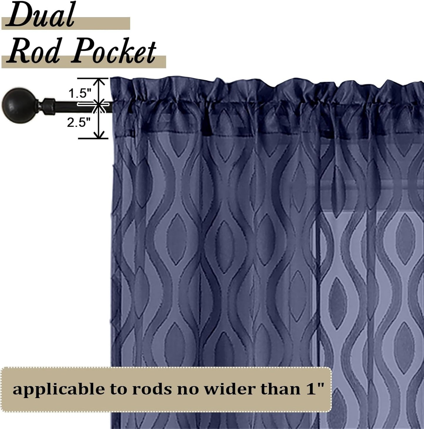 Aiyufeng Blue Valances for Windows, Chic Wavy Line Clip Jacquard Voile Sheer Small Window Curtain for Basement Small Curtains, Lightweight Rod Pocket Short Curtains for Windows, 2 PCS, 40Wx14L Inches