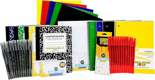 High School Writing Bundle | 1 Box - 51 Pieces per Box | School Supply Boxes - Back to School Essentials | Includes Composition Books, Loose Leaf Paper, Index Cards, 12 ct. Pens & More
