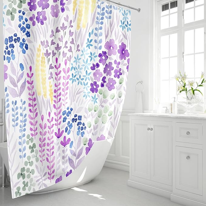 Extra Long Shower Curtain 72 x 84 Inch, Tall Purple Floral Shower Curtain for Bathroom, Colorful Wildflower Boho Cottagecore Fabric Shower Curtain Set with Hooks, Lavender Purple