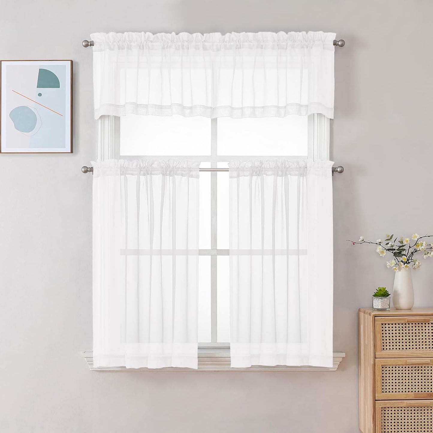 Chyhomenyc White Sheer Curtains 36 inch Length 2 Panels Set, Light Filtering Voile Rod Pocket Short Window Curtians for Bathroom Living Room Farmhouse Small Windows, Each 42Wx36L in, 2PCS, White