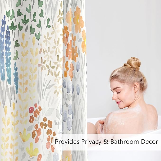 Long Shower Curtain 72 x 78 Inch, Tall Cute Floral Shower Curtain for Bathroom, Orange Wildflower Boho Cottagecore Fabric Shower Curtain Set with Hooks