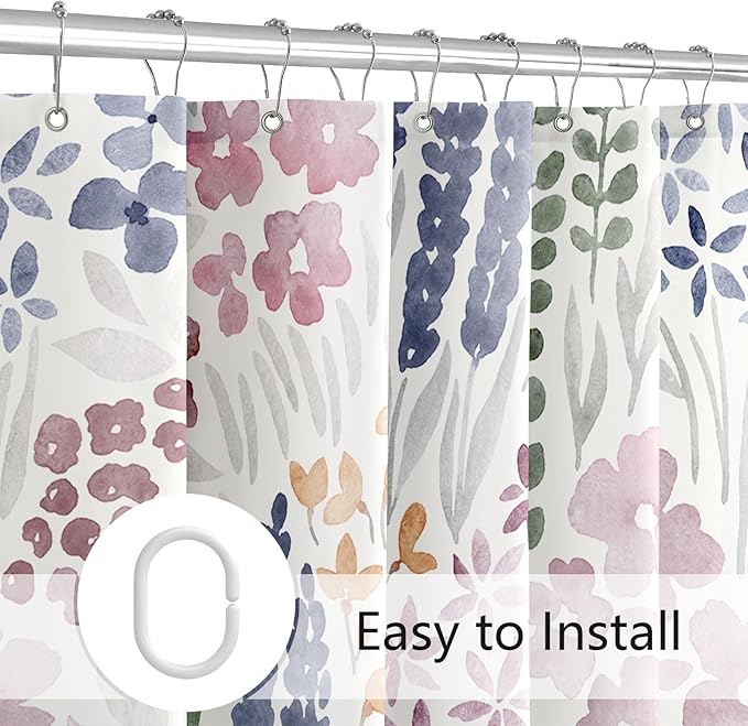 Long Shower Curtain 72 x 78 Inch, Tall Cute Floral Shower Curtain for Bathroom, Mauve Wildflower Boho Cottagecore Fabric Shower Curtain Set with Hooks
