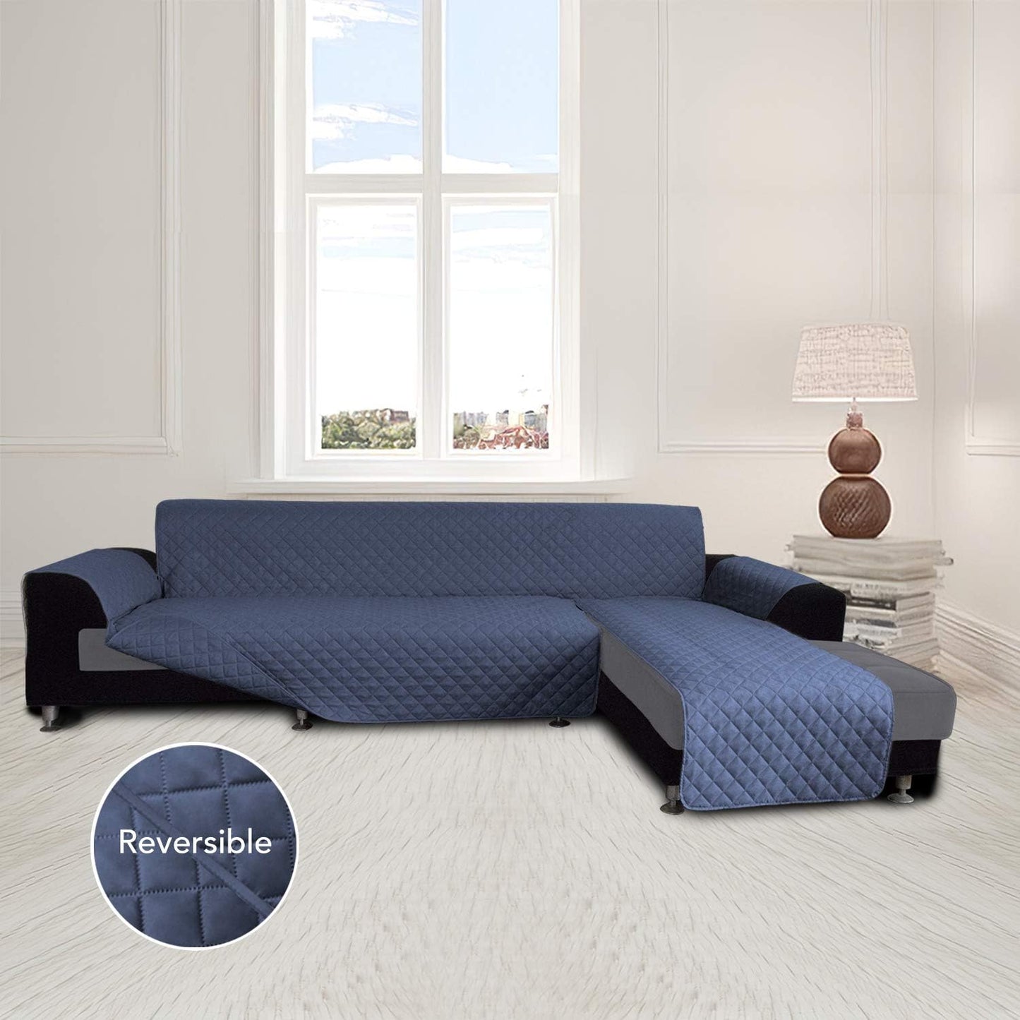 Easy-Going Slipcover for L-Shape & Sectional Couches - Reversible Chaise Lounge Cover - Dog & Cat-Proof Furniture Protector (Large, Dark Blue)