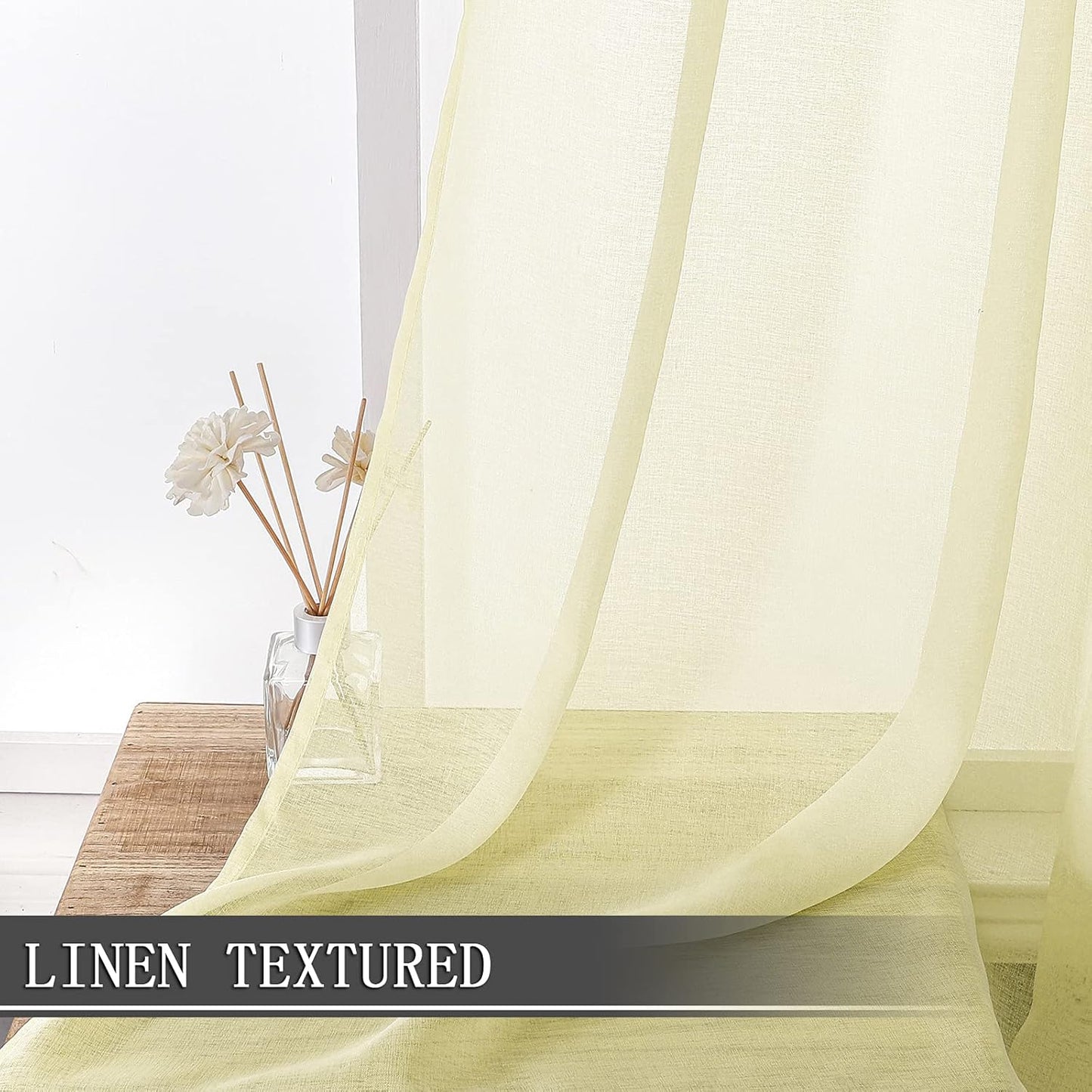 Tollpiz Sheer Curtain Linen Textured Bedroom Curtains Sheer Light Filtering Rod Pocket Voile Curtain for Living Room, 54 x 95 inches Long, Transparent Yellow, Set of 2 Panels