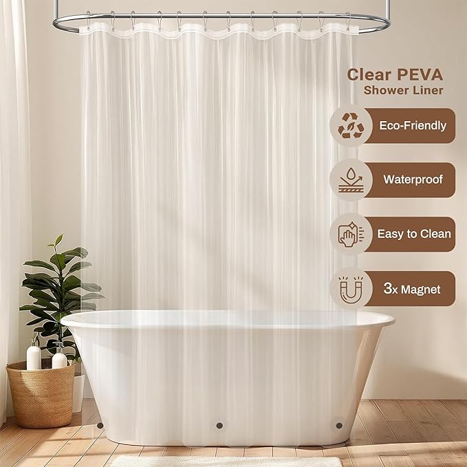 BTTN Brown 3 in 1 Shower Curtains with Clear Liner, Linen Textured Decorative Cloth Shower Curtain PEVA Liner Set with Plastic Hook, Modern Hotel Luxury Waterproof Shower Curtain for Bathroom, 72x72