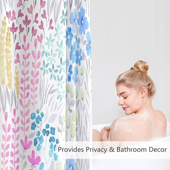 Extra Long Shower Curtain 72 x 96 Inch, Floor to Ceiling X-Long Tall Cute Floral Shower Curtain for Bathroom, Blue Pink Yellow Wildflower Boho Cottagecore Fabric Shower Curtain Set with Hooks