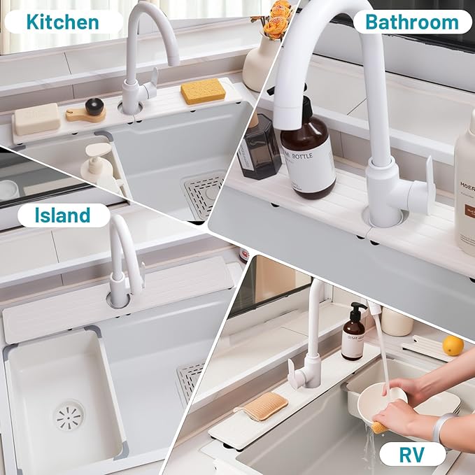 Fast Drying Stone Faucet Mat for Kitchen Sink with Raised Feet, Water Absorbent Diatomite Stone Sink Tray, Faucet Sink Splash Guard, Prevents Moisture Buildup, Durable Protector for Bathroom Counter