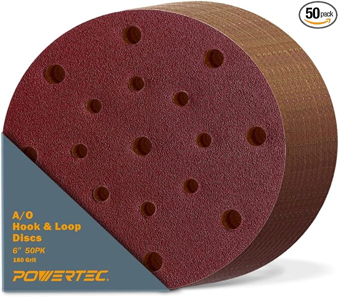 POWERTEC 45818, 6" x17 Holes, 180 Grit, A/O Hook and Loop Disc for Festool RO150 / ETS 150 Sander, Red, 50PK